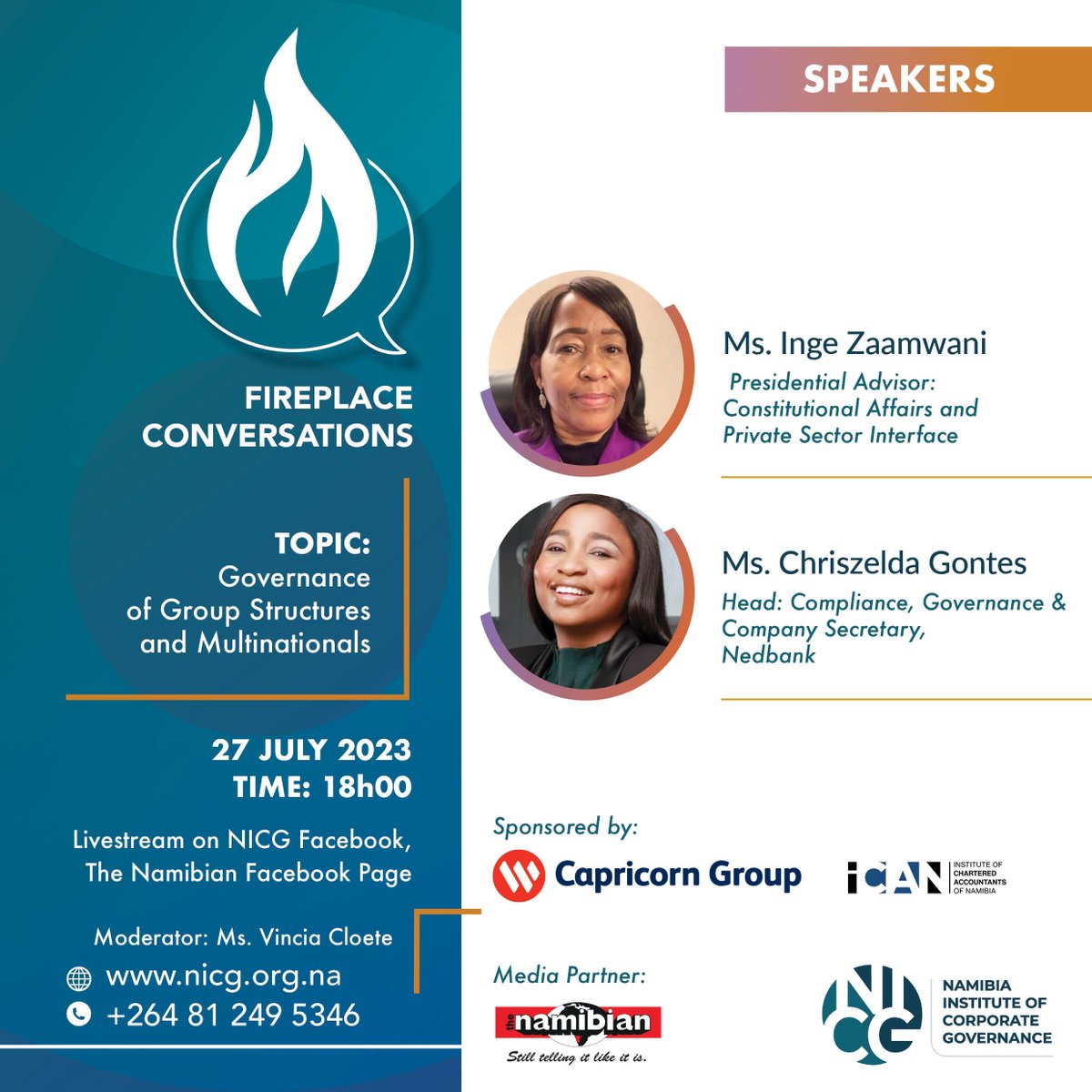 Namibia_NICG's tweet photo. Join us for an engaging Fireplace Conversations via livestream, delving into the world of Governance of Group Structures and Multinationals this coming thursday 27 July 2023, at 18h00.
Don't miss this insightful discussion  #FireplaceConversations #Multinationals https://t.co/1p2zOaQx58