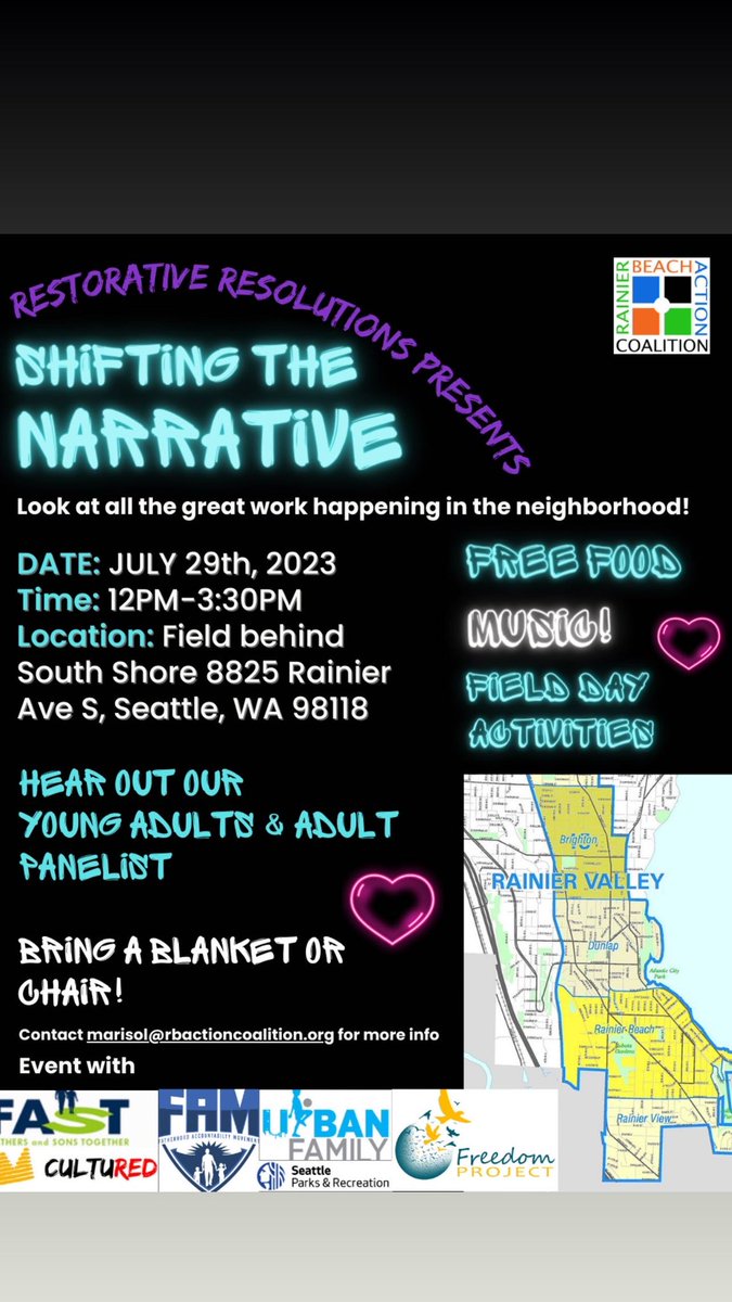 fn_marisol's tweet photo. This Saturday! 12pm -3:30pm Come thru and enjoy field day activities, food and the panel of YATTA’s and adults speaking on how they been shifting the narrative 💜 #SetTheRecordStraightRB #RestorativeResolutionRB #RainierBeach @rainierbeach https://t.co/4ahJShzbta