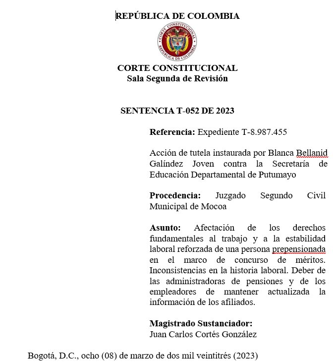 Actualidad Jurídica 
Corte Constitucional - Sentencia T-052/23
Protege el derecho a la estabilidad laboral reforzada de una adulta mayor desvinculada de su cargo en provisionalidad, sin tener en cuenta su condición de prepensionada.
corteconstitucional.gov.co/Relatoria/2023…