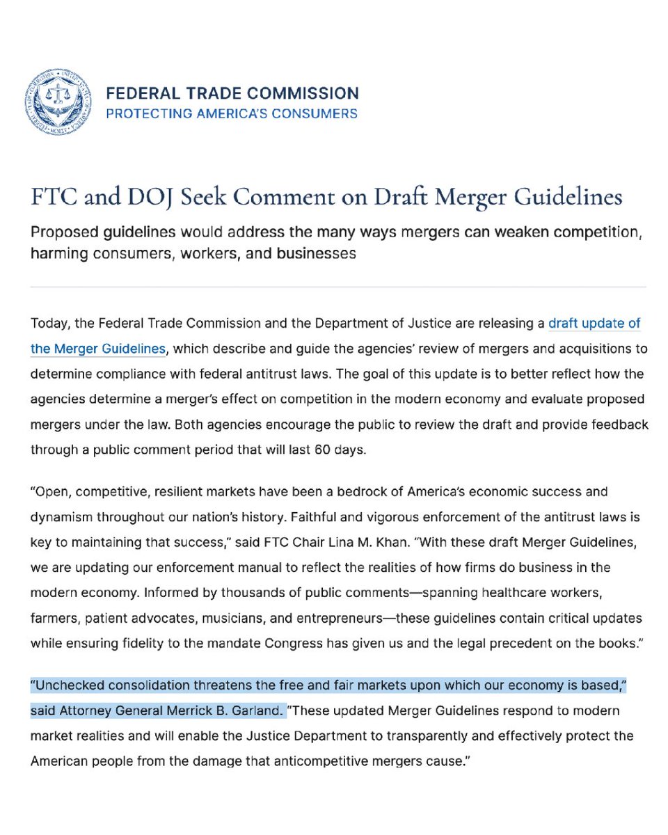 BIG NEWS: The <a href="/FTC/">FTC</a> and DOJ are proposing NEW Merger Guidelines to enable both agencies to more effectively enforce antitrust compliance in mergers and acquisitions.
 
Here's why this will strengthen the economy: 🧵
ftc.gov/news-events/ne…