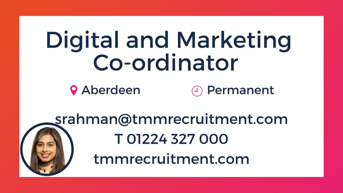 tmmrecruitment's tweet image. If you are an enthusiastic and creative communications   professional, please get in touch with Sabia to learn more or view the job spec at bit.ly/44FHUZ8.

#JobsAberdeen #OfficeSupport   #Marketing #TMMRecruitment