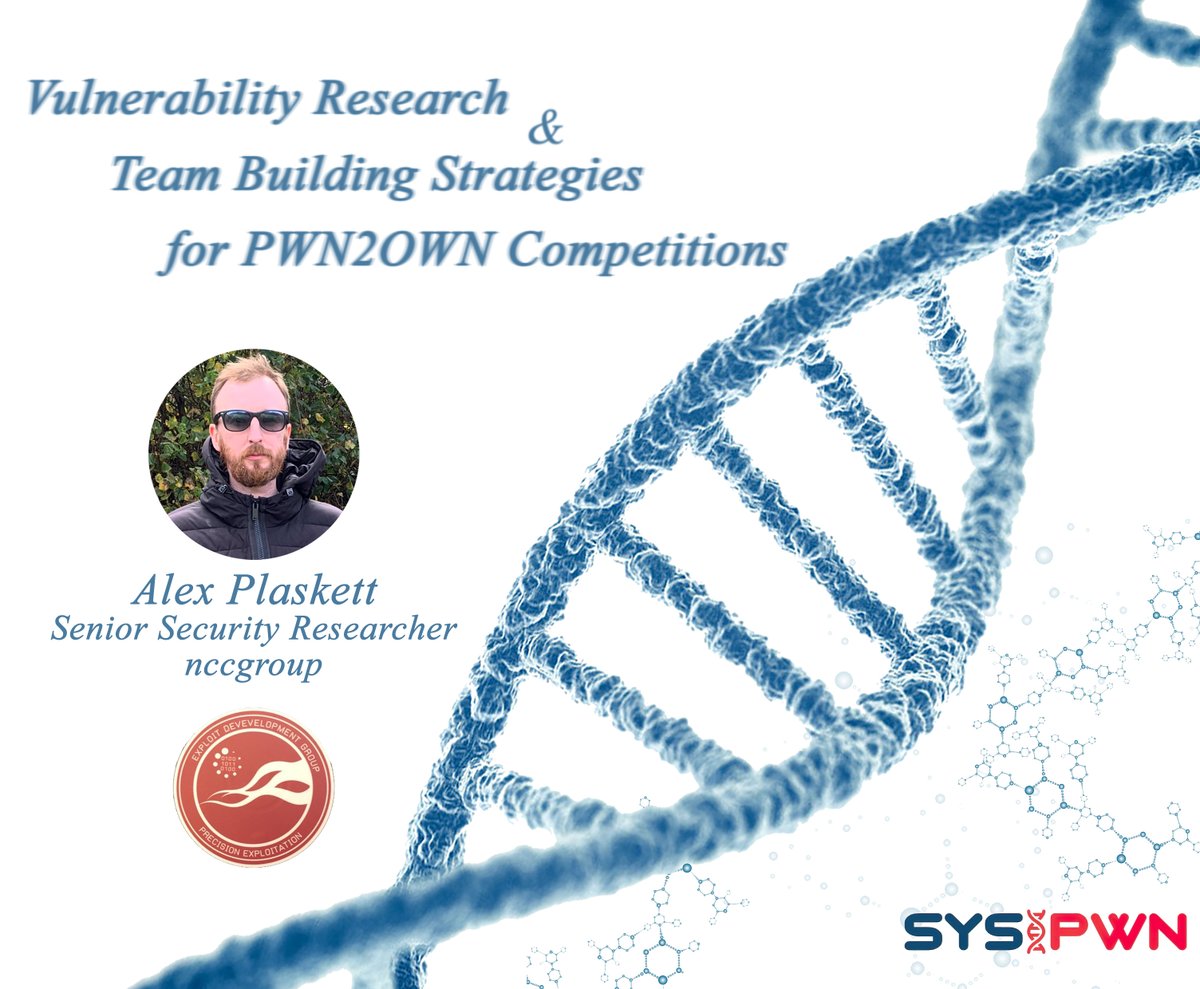 SYSPWN (@syspwnx) on Twitter photo Due to some technical difficulties around, we postponed the event to 10th of August, 16:00 CEST .
Alex Plaskett (<a href="/alexjplaskett/">Alex Plaskett</a>) will present his experience with PWN2OWN competitions, he will also present us some deep technical content about the exploitation techniques he used Due to some technical difficulties around, we postponed the event to 10th of August, 16:00 CEST .
Alex Plaskett (<a href="/alexjplaskett/">Alex Plaskett</a>) will present his experience with PWN2OWN competitions, he will also present us some deep technical content about the exploitation techniques he used