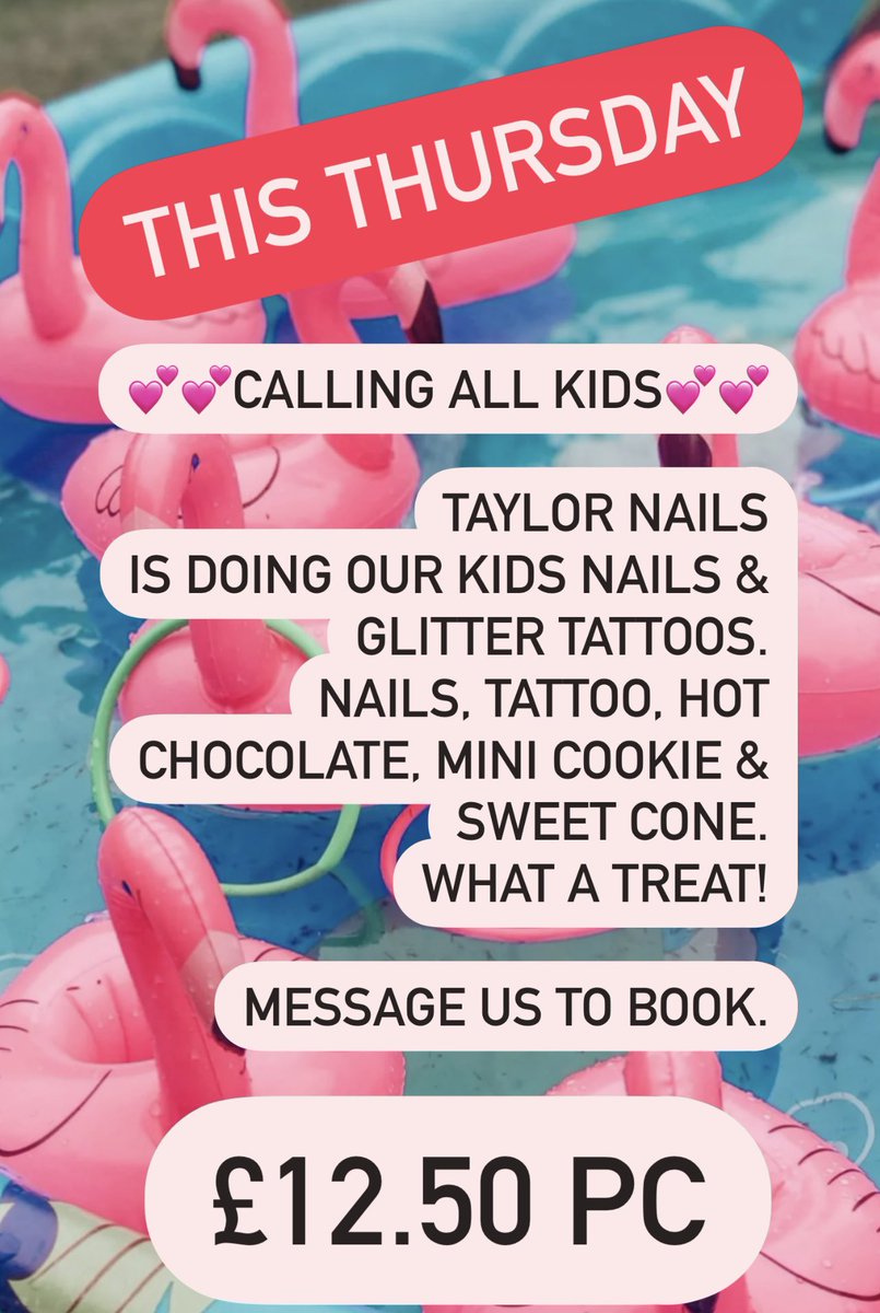 💕💕Calling All Kids💕💕

Taylor Nails
Is doing our kids nails &amp; glitter tattoos, this summer hoilday. Every thursday morning.
£12.50 pc includes, nails, tattoo, hot chocolate, mini cookie &amp; sweet cone.
What a treat!

<a href="/ThePigGuide/">ThePrandialPlayground</a>