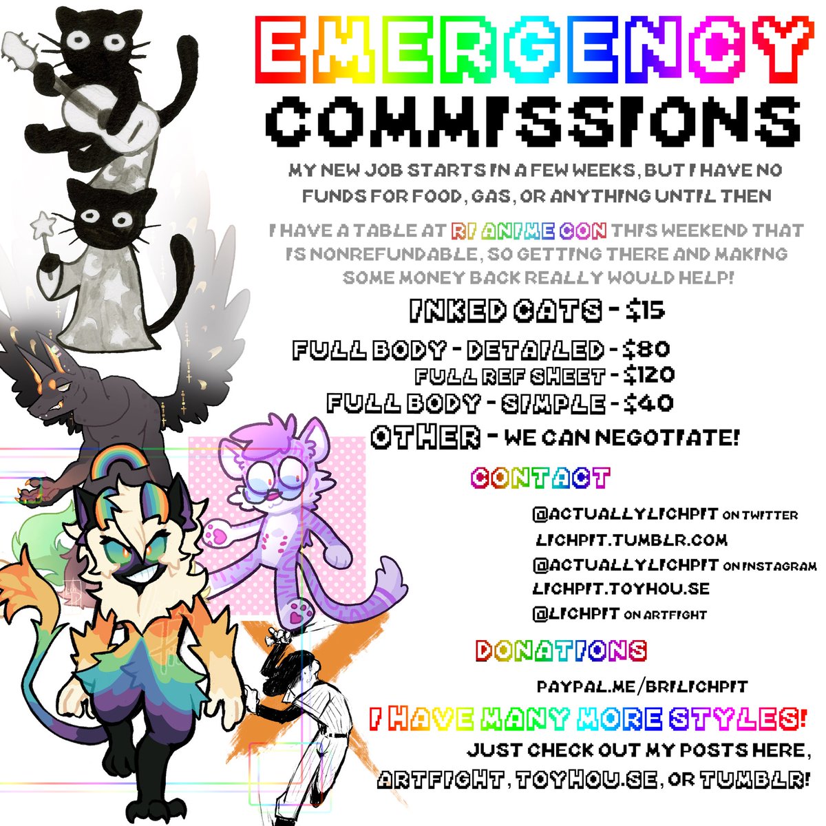 actuallylichpit's tweet photo. ✨EMERGENCY COMMS✨Im again am here to try and keep afloat! I have a new job starting soon, but until then I don’t have enough to get myself to this con I already paid to table at! If I can get there with enough prints, I can maybe even make enough back as well #commissionopen https://t.co/T8tkSrDBgj