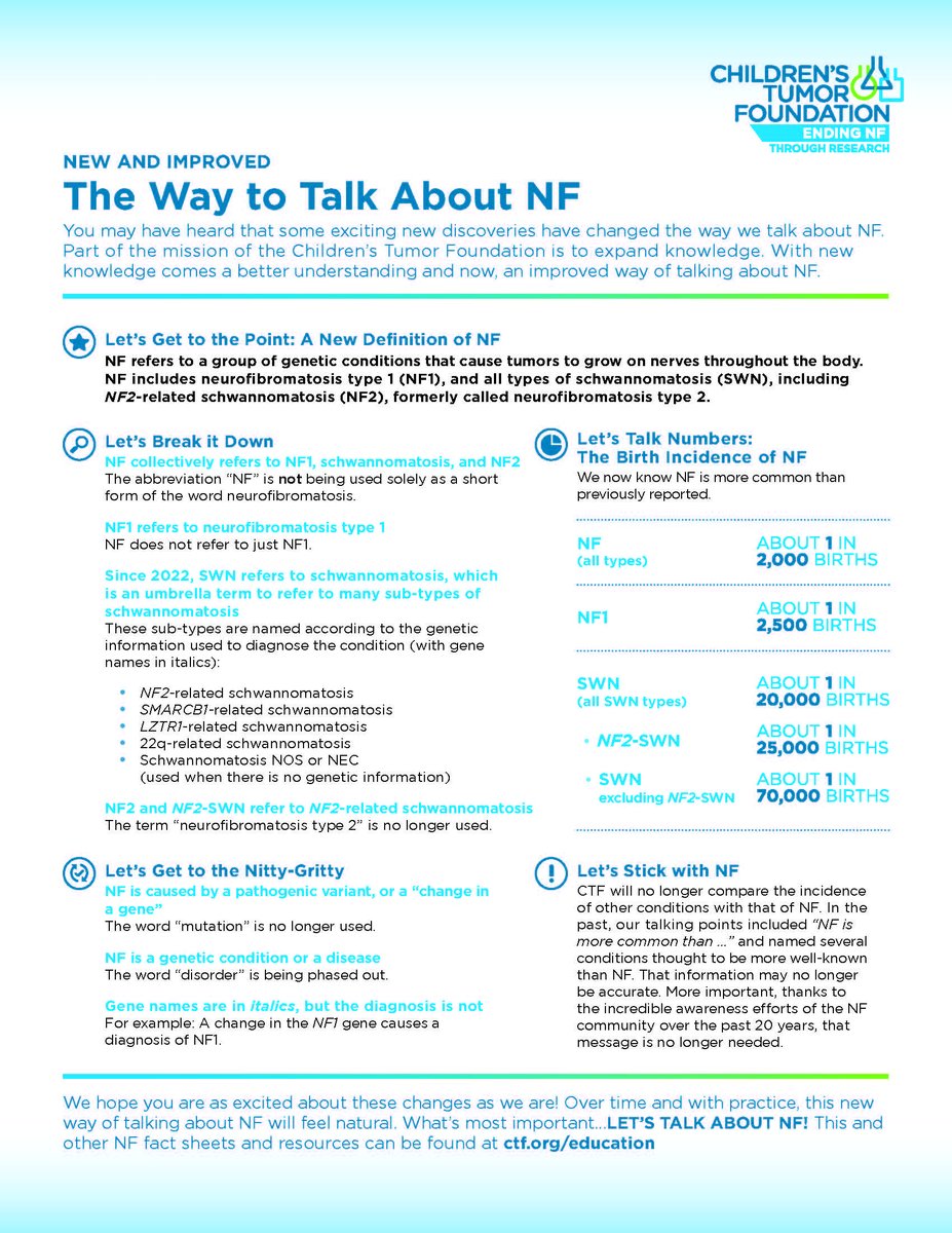 One tenant of the Children's Tumor Foundation's mission is to expand knowledge, and with that in mind, we're re-sharing this handy-dandy one-sheet about the new &amp; improved way we talk about NF. Check out-and share!-this flyer, and then visit ctf.org/aboutnf to learn more!