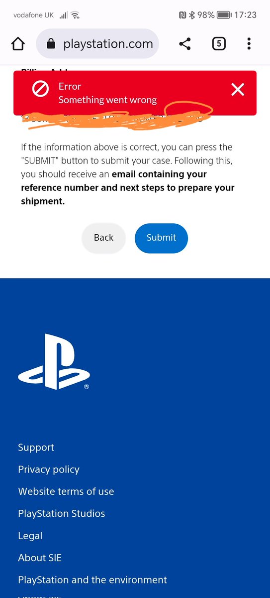 lynseyfrary's tweet photo. @PlayStation  help, I am trying to arrange a repair for my ps5, every time I try to submit the repair I get an error message. Please can you help! https://t.co/uqZR82IqbN
