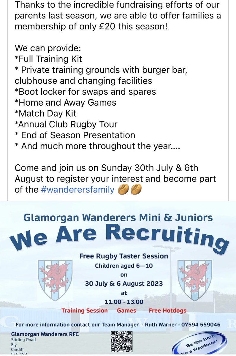 Come along for the next 2 Sundays for a free taster session and see what the wanderers family is all about #wandsfam #GWRFC #grassroots #grassrootsrugby #ely #cardiff #rugby