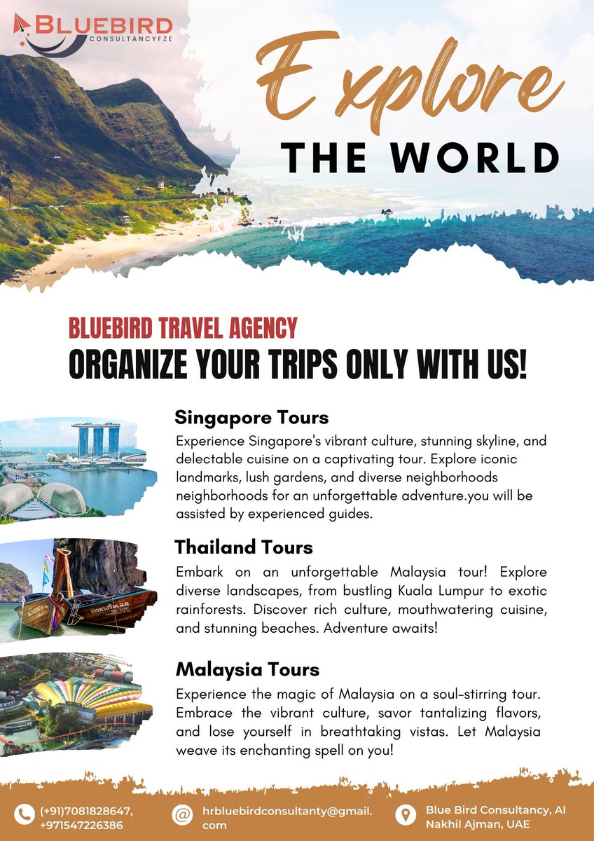 bluebird8015021's tweet photo. Blue Bird Travel Agency
Organize Your Trips Only With Us!
Singapore Tours
Thailand Tours
Malaysia Tours
๐ +971-65332472, +917081828647, +971547226386
โ๏ธ hrbluebirdconsultanty@gmail.com
๐ https://t.co/l07fDZZJfC
#AdventuresAwait
#EpicAdventures
#DiscoverTheWord https://t.co/bNGC1OObq4