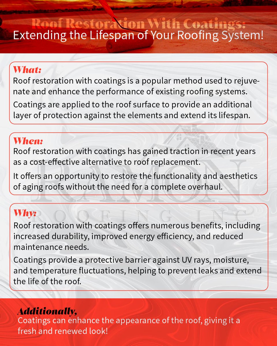 RamonRoofing's tweet image. Give Your Roof a New Lease on Life with Coating Restoration! 🏠✨ 

Roof restoration with coatings is a cost-effective solution to extend the lifespan of your roofing system and improve its performance. 💪✨

#RoofRestoration #CoatingSolutions #RenewYourRoof #ramonroofing