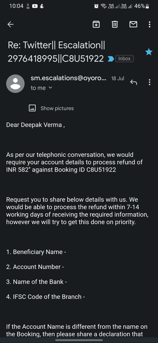 vermadeepak____'s tweet photo. @OYO4U See this, i got this message 18th july and replied all details but money not sent by you. https://t.co/XD2CRvmfZG