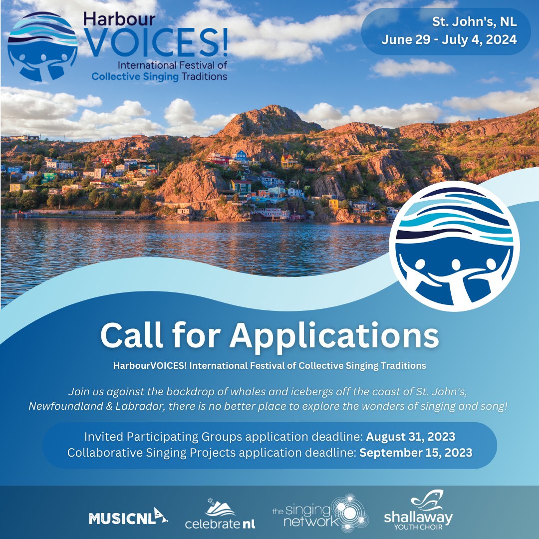 Call for Applications! 

Singing groups/choirs may apply under the "Invited Participating Groups" or "Collaborative Singing Projects" categories.
Learn More: harbourvoices.ca/participate/

#HarbourVOICES #festival #Singing #Newfoundland #Labrador #MusicConference #Choir