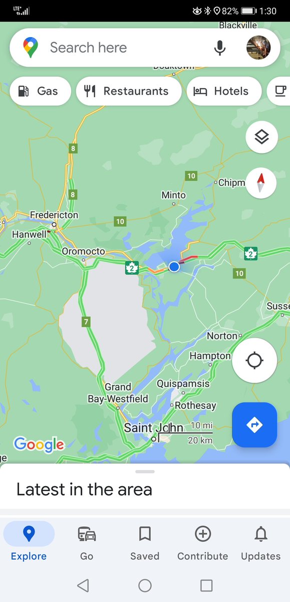 Looks like we're stuck behind a tanker fire or similar on Highway 2 east of Fredrickton, NB. Avoid the area, road is closed in both directions. Fire, EMS and Police just arriving.
