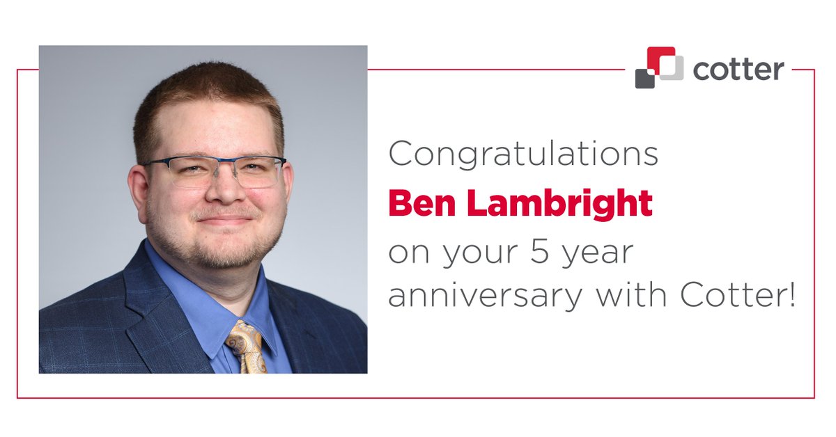 Please join us in celebrating Ben Lambright's 5th anniversary with Cotter!

#cotterconsulting #cotterway #projectmanagement #constructionmanagement #wbe #wbenc #cotterenergygroup