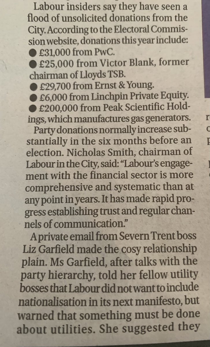 comrade_kumar_'s tweet photo. The article says Labour received £5.8m from the City in first 3 months of 2023 by promising to cut spending, cut programs, never nationalise and bolster profits in public utilities, reduce regulation, reduce corporate taxes - in sum: be better servants to the city than the Tories https://t.co/BE3Cc1YCMK