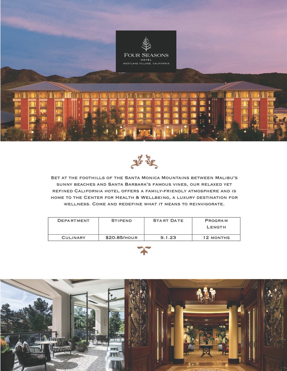 J1Training's tweet photo. Hello Chefs,

Four Seasons Hotel Westlake Village, California is looking for Culinary trainees.

To apply please forward your updated resume to talents@j1training.org or fill up an application form online at https://t.co/VM6xpr1la3. https://t.co/R4PcJrQdrs