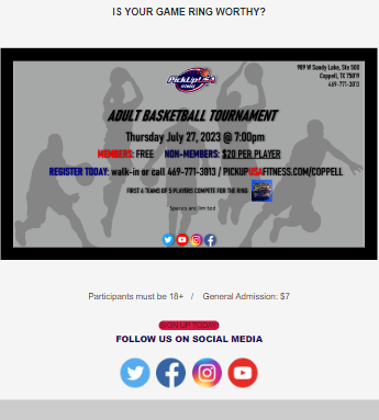 pickupusaDFW's tweet photo. Test your skills at our adult bball tournament this Thurs 7/27/23; spaces are limited. Call 469-771-3013 today. #basketballtournament #basketball #champion #tournament #dfwsports #dfwhoops #dfw #dallas #coppell #mensbasketball #abetterwaytoplay #basketballneverstops https://t.co/iBQpmqO2pa