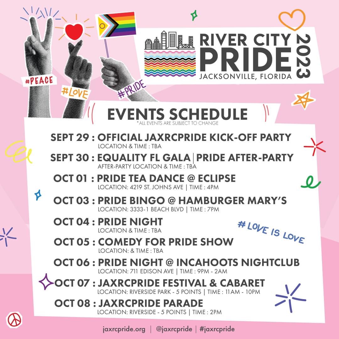 Mark your calendars, #jaxpol! River City Pride has announced their #PrideWeek activities culminating in the #LGBTQ Pride festival on 10/7 and parade on 10/8. #jaxhro #jaxlgbtq #ilovejax
