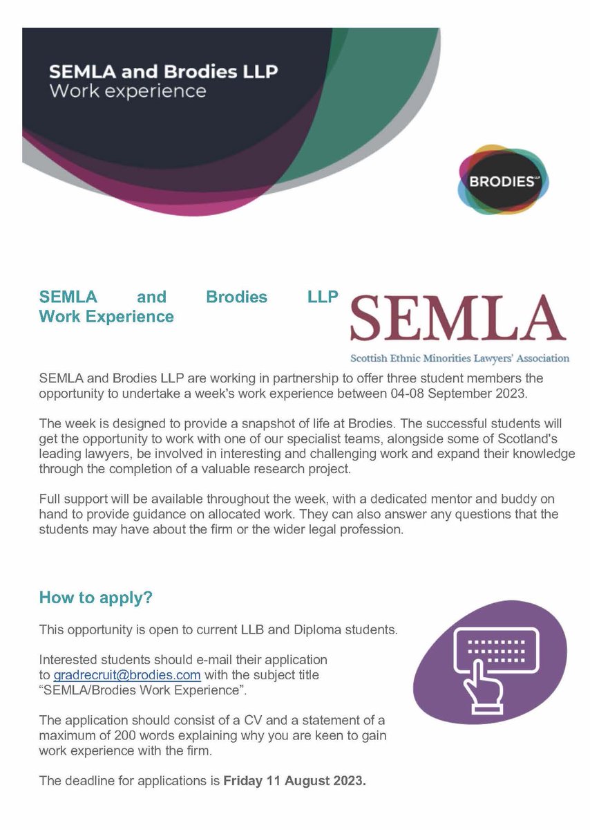 Scottish Ethnic Minorities Lawyers Association (@semlalaw) on Twitter photo SEMLA is delighted to collaborate with <a href="/BrodiesLLP/">Brodies LLP</a> to offer three student members the opportunity to undertake work experience in September. This is a great opportunity to experience working life in a leading commercial firm. Details on how to apply are below. 👇 SEMLA is delighted to collaborate with <a href="/BrodiesLLP/">Brodies LLP</a> to offer three student members the opportunity to undertake work experience in September. This is a great opportunity to experience working life in a leading commercial firm. Details on how to apply are below. 👇