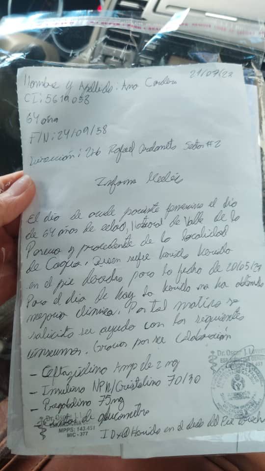 Pdnte <a href="/NicolasMaduro/">Nicolás Maduro</a>, la Sra Ana Cordero de 64 años,residenciada en cagua necesita con urgencia los siguientes medicamentos:
🔸Ceftaxidime 2gr 
🔸Pregabalina 75mg
🔸Cintas de glucómetro
No cuenta con los recursos necesarios para mejorar su salud 

#LuchaAntiimperialista