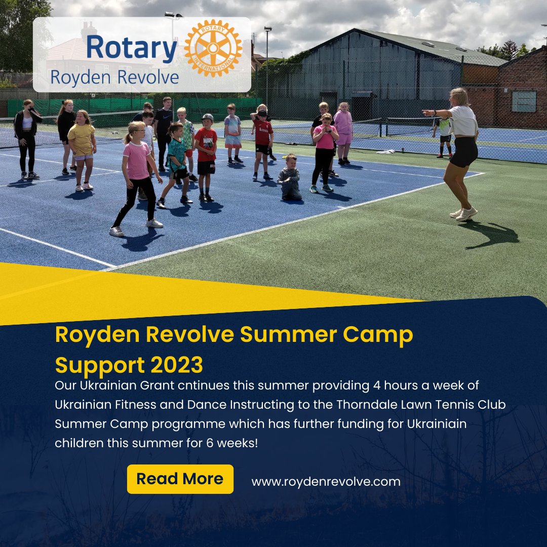 RoydenRevolve's tweet photo. We are working with @thorndaletennis and providing a Ukrainian fitness and dance instructor twice a week for their Summer Camp which has 15 free spaces for Ukrainians.
We look forward to updating you over the summer.
#summercamp #rotary #ukrainesupport #UkraineCommunity https://t.co/30CAsblrN4