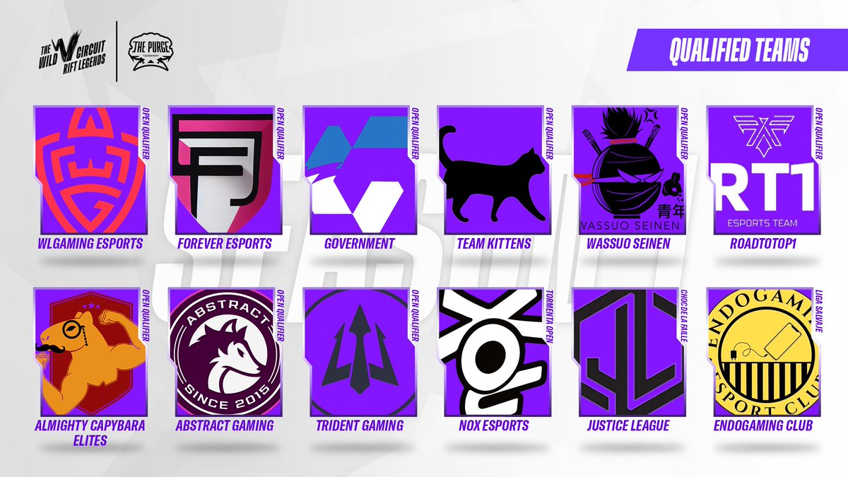 PurgeTournament's tweet photo. Congratulations to the top 12 teams, now qualified for the #RiftLegends Group Stage! 🏆 

See you on July 27 for the kick-off🔥

Schedule coming soon... #WildRift https://t.co/WKaKEZqRWb