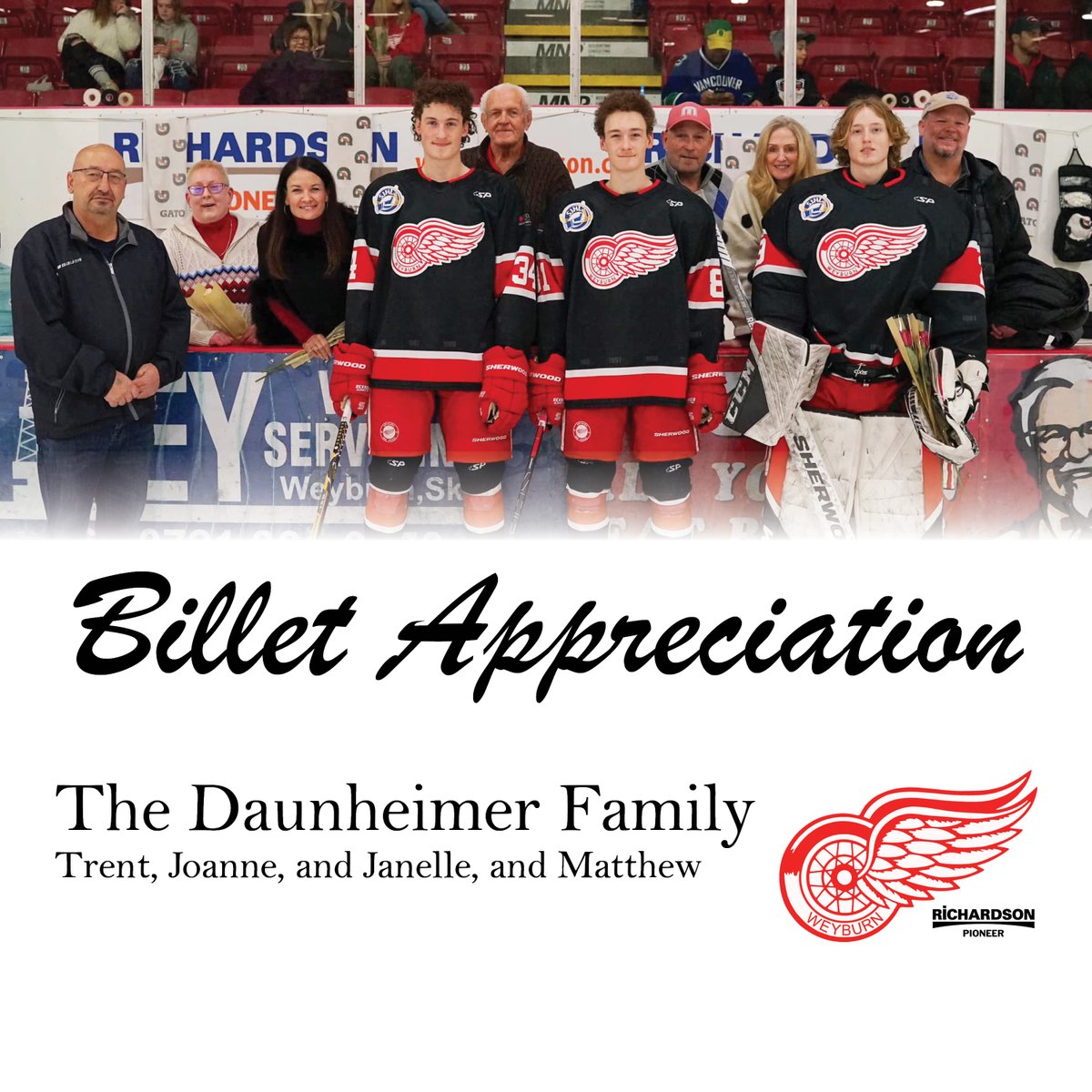weyburnredwings's tweet photo. THANK YOU TO OUR BILLETS

Thanks the TRENT AND JOANNE DAUNHEIMER family for housing and letting our guys win more than few card games!

Contact billet coordinator Alyssa Hanson to learn more!
alyssakaczmar@gmail.com or 306-536-7187

#WeyburnRedWings #SJHL #BilletFamily https://t.co/qhRWa8cbk8