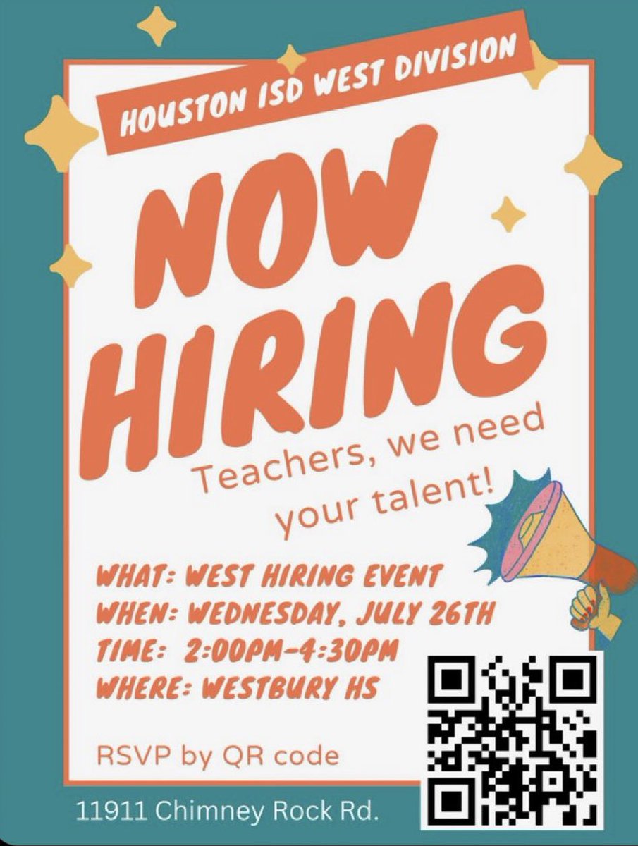 Join us for another hiring event! #Westisthebest @HISDRecruiter @HISDMiddleSchls