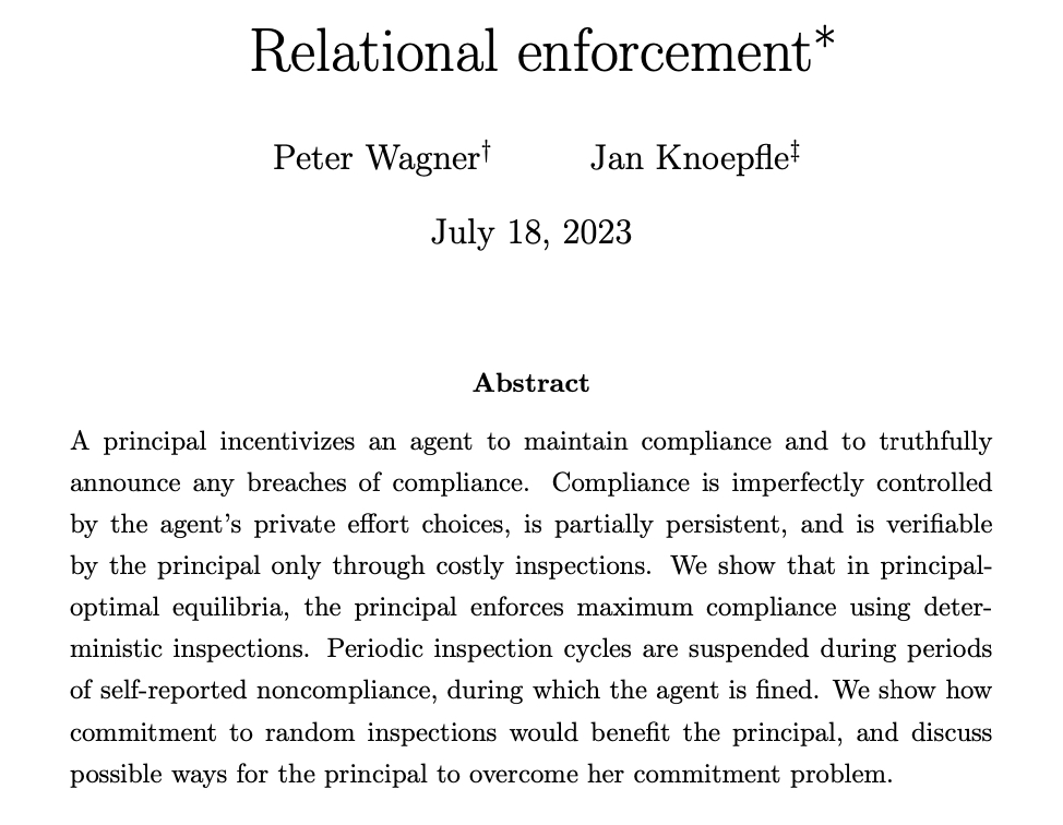 How to optimally enforce compliance without commitment? With predictable inspections of a time-persistent correlate. econtheory.org/?f=5183