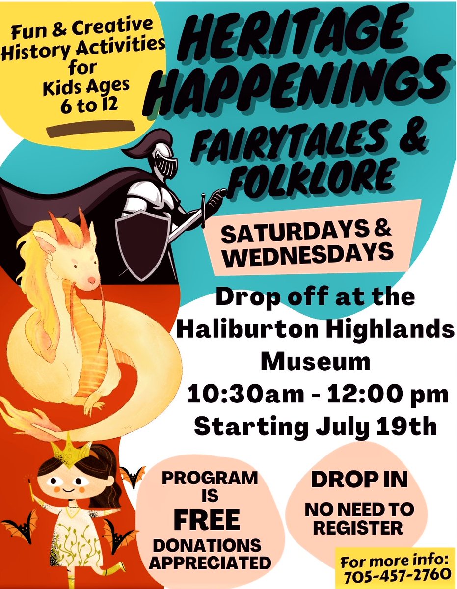 Add some magic to the summer holidays! Our popular Heritage Happenings kids' program is back and this summer's theme is fairytales and folklore! Different activities each day and there's no need to pre-register - just stop by on Wednesday or Saturday morning to get in on the fun!
