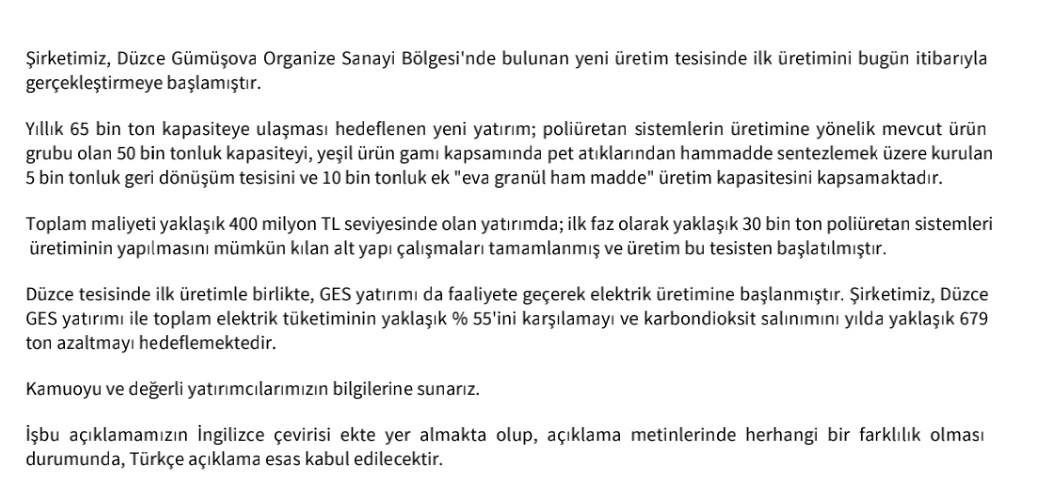 PiyasaTturkiye's tweet photo. #KMPUR Kimteks Poliüretan;

◾Düzce tesisi üretime başladı. https://t.co/G2vD9daYpi