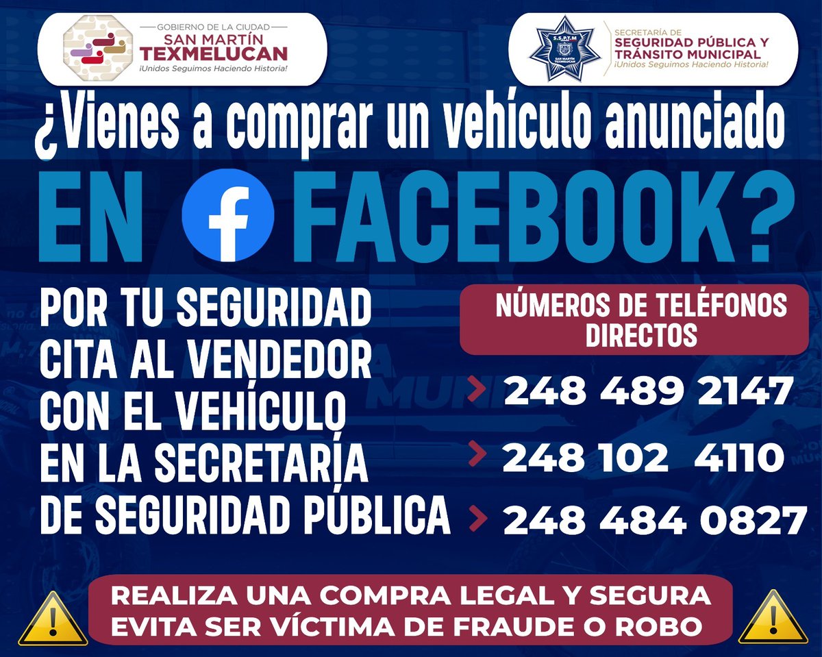 Recuerda que con el programa #AcompañamientoPolicial 🚔 puedes solicitar la presencia de elementos policiacos para realizar compra - venta de manera segura en #SanMartínTexmelucan.

Comunícate al 248 489 2147, 248 102 4110 o al 248 484 0827.
¡Ayúdanos a prevenir un delito!