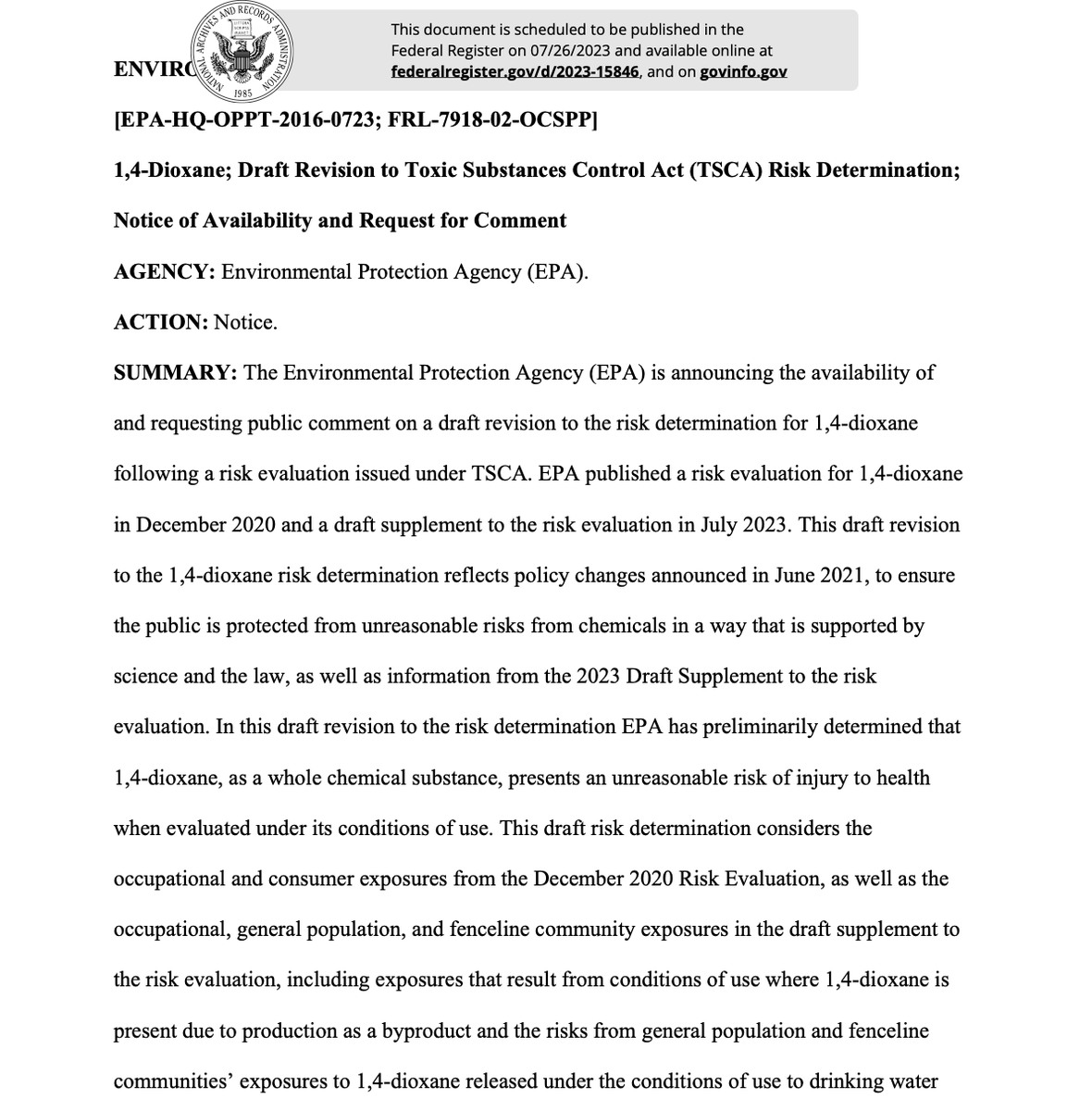 StateImpactCntr's tweet photo. .@EPA revised the Toxic Substances Control Act risk determination for 1,4-dioxane, finding that it presents an unreasonable risk of injury to health. Comments due on 9/8 after publication on 7/26. #StateImpactAlert.
https://t.co/3JA2ZEvyTJ https://t.co/gZDP6ZN8Eg