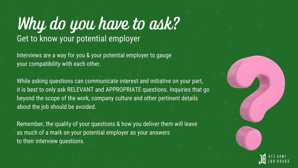 BTSARMYJobBoard's tweet photo. Interviews with your potential employers is not just for them to know you. Itβs also a chance for you, the applicant, to get to know who youβll be working with and for π
#BAJBCareerTips https://t.co/CXSiiWbg1x
