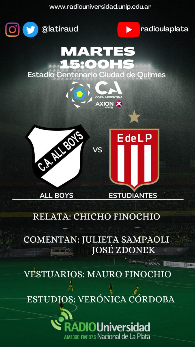 LaTiraUD's tweet photo. #SentimosElFutbol ⚽️
⏰ 15.00hs

#AllBoys 🆚 #EDLP 

🎙Relata: @lucasfinochio
 🗣Comentan: @JuliSampaoli @JoseZdonek 

 Junto a @VeritoCordoba2 Mauro Finochio  y equipo
 
📻 @radioulaplata
🌐https://t.co/rNxXe89Mgm https://t.co/iXVRRnxBA2
