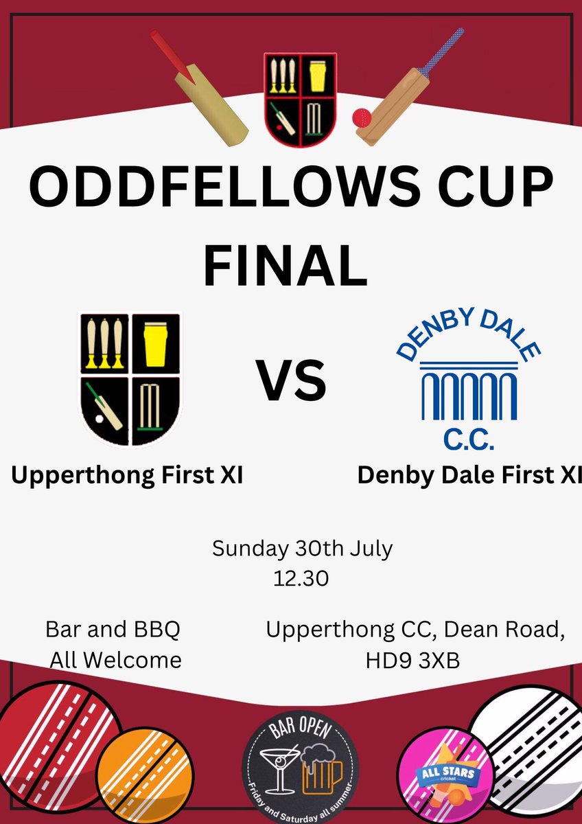 Massive weekend at the club coming up. On Sunday our First XI will take on Denby Dale in the final of the Oddfellows Cup. Save the date and make sure to be at the club for a 12.30 start!
