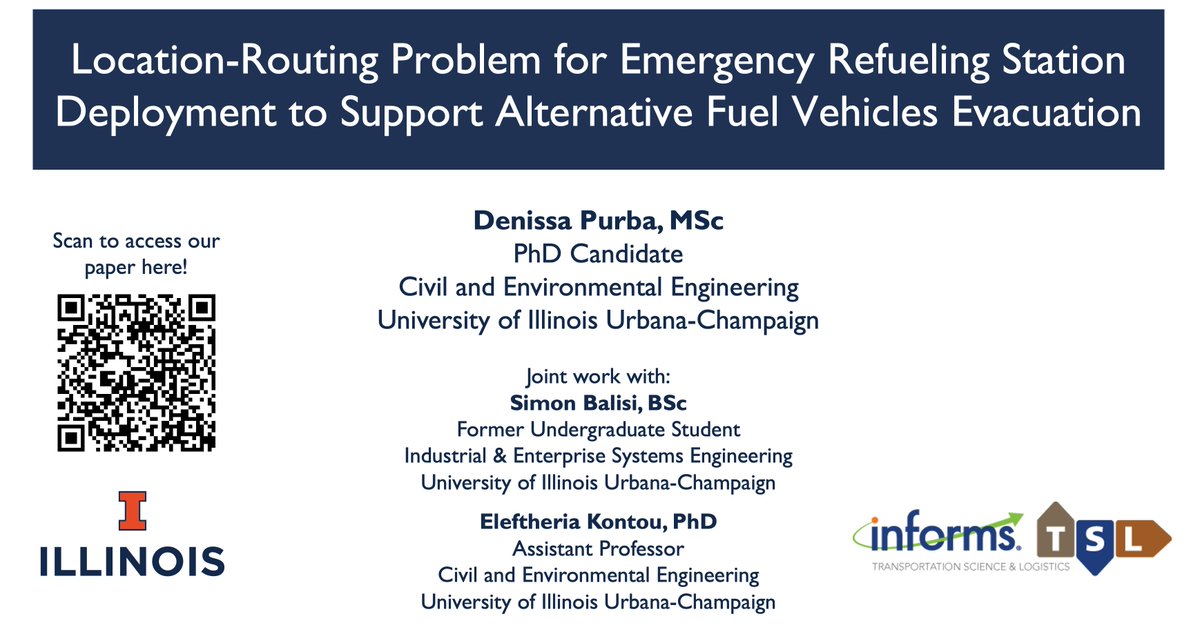 Eleftheria (Ria) Kontou (@ria_kontou) on Twitter photo Interested in location-routing problems of alt-fuel vehicles and their infrastructure 🛣️🔌⛽️? Join our group's PhD candidate, <a href="/PurbaDenissa/">Denissa Purba</a>, presenting at the #TSL2023 of <a href="/TSLSociety/">TSL Society</a> <a href="/INFORMS/">INFORMS</a> (@ 4:30 pm SCHR605 Session 11A) on #evacuation planning of #ElectricVehicles 🔋⚡️🚗 ! Interested in location-routing problems of alt-fuel vehicles and their infrastructure 🛣️🔌⛽️? Join our group's PhD candidate, <a href="/PurbaDenissa/">Denissa Purba</a>, presenting at the #TSL2023 of <a href="/TSLSociety/">TSL Society</a> <a href="/INFORMS/">INFORMS</a> (@ 4:30 pm SCHR605 Session 11A) on #evacuation planning of #ElectricVehicles 🔋⚡️🚗 !