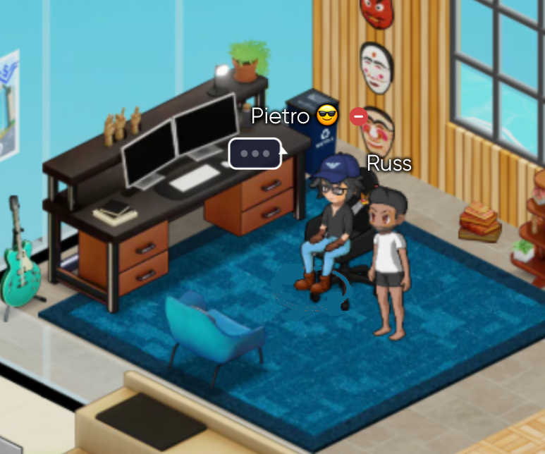 One of our game engine engineers Pietro 🇮🇹  hanging out with our web designer Russ 🇨🇦  in our virtual office in the ☁️ . 

"It's nice to see the visual representation of all my coworkers in the office, it gives a sense of community." -Russ

buff.ly/44wqtdt 

#remotework