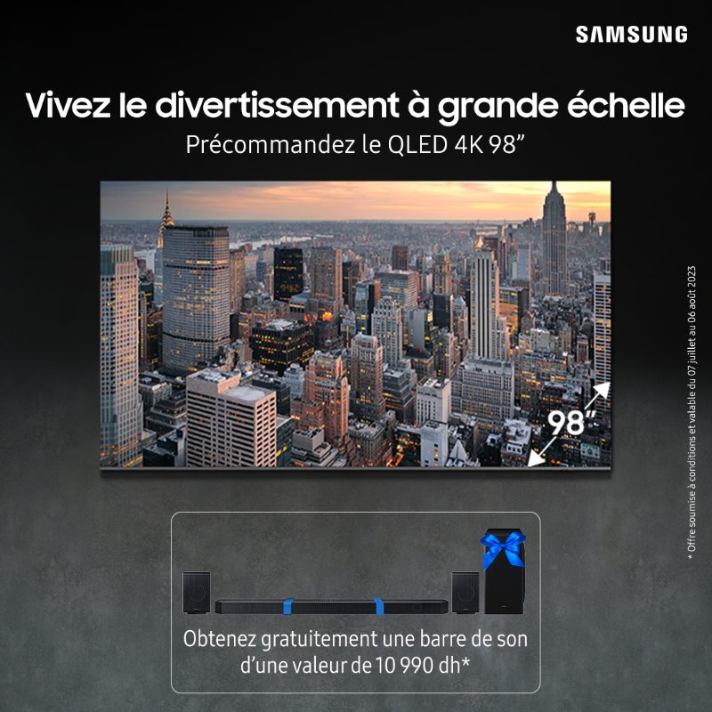SamsungMaroc's tweet photo. Plongez dans un divertissement à grande échelle avec le nouveau QLED 4K 98".
Disponible en précommande jusqu'au 06 août