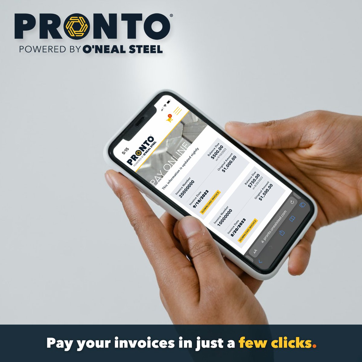 Are you tired of the endless search for that elusive invoice in your email? Save yourself the frustration and time by downloading your invoice directly through PRONTO®. 

Plus, paying your invoice is just a few clicks away.

Learn more:
bit.ly/3bBNSOT

#weareonealsteel