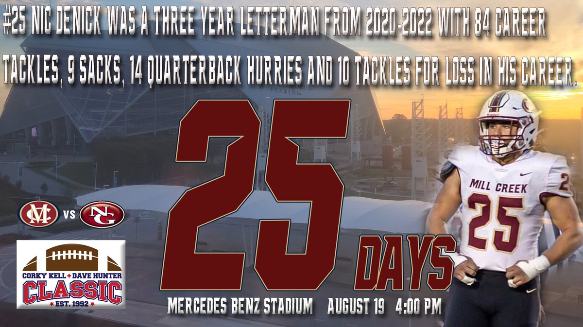 MCFootballCoach's tweet photo. 25 Days until Mill Creek vs North Gwinnett in the 2023 CorkyKell-DaveHunterClassic
@CorkyKell

#iMpaCt | #LEAVENODOUBT https://t.co/PukfZ0csqY