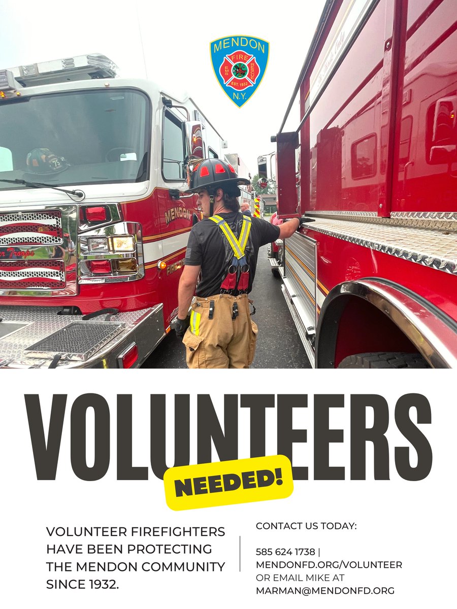 Are you looking for an opportunity to serve your community and help others in need? Joining the Mendon Fire Department is a great way to do just that.

Email Mike Arman for any questions: Marman@mendonfd.org
🖥 Mendonfd.org/volunteer
#Volunteer #Mendon #Mfdvolunteer