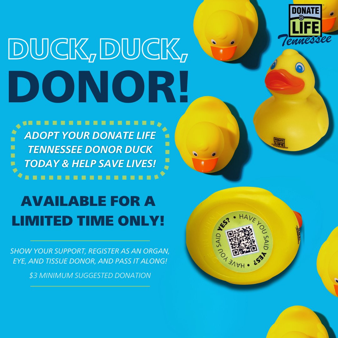 We sent 6,000 ducks on a mission to spread the word about organ and tissue donation across Tennessee!

Bring one home from your local County Clerk office with a $3 donation!

Read more at johnsoncitypress.com/living/health-…