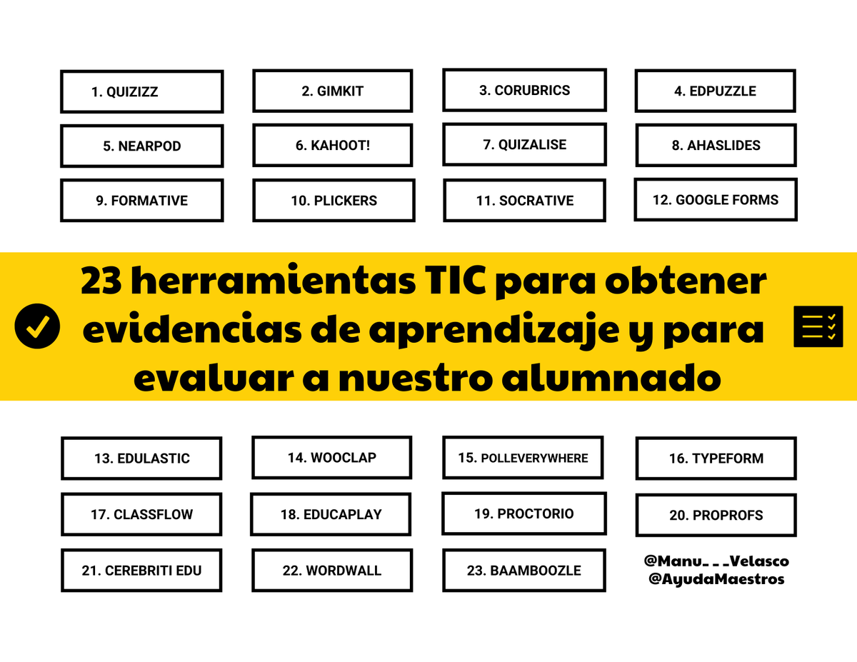 TicEducativas's tweet photo. 23 herramientas TIC para obtener evidencias de aprendizaje y para evaluar a nuestro alumnado. Vía @AyudaMaestros  https://t.co/pQNBJMxoax https://t.co/nbwmByTK3b