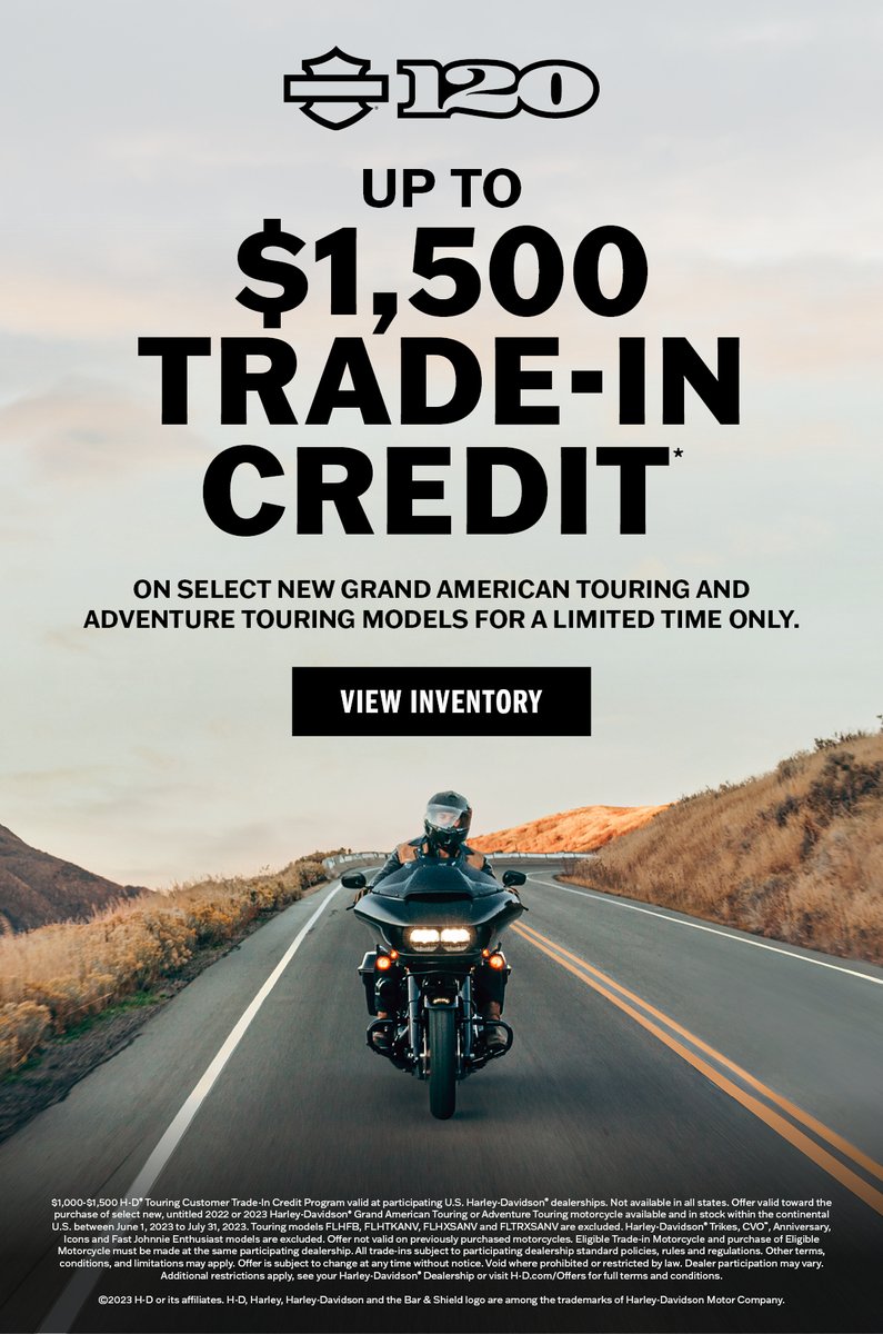 UP TO $1500 TRADE-IN CREDIT ON SELECT NEW GRAND AMERICAN TOURING AND ADVENTURE TOURING MODELS FOR A LIMITED TIME ONLY!
See sales for more details!
https://t.co/OPaCoGCuZh
New River Harley-Davidson
2394 Wilmington Hwy.
Jacksonville, NC 28540
910-346-9997 https://t.co/jMQGW7qqq6