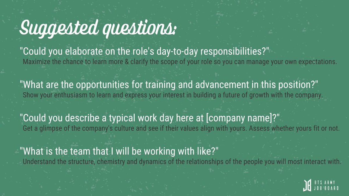 BTSARMYJobBoard's tweet photo. Here are some questions that you might want to consider once the interviewer presents the chance to ask π
#BAJBCareerTips https://t.co/Bjn9M8LPtu