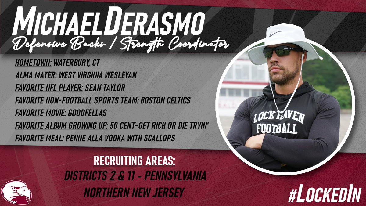 MEET THE STAFF: Coach Michael Derasmo is our Defensive Backs Coach. Check out his bio and give him a follow! @Coach_Derasmo #LockedIn🔒🦅