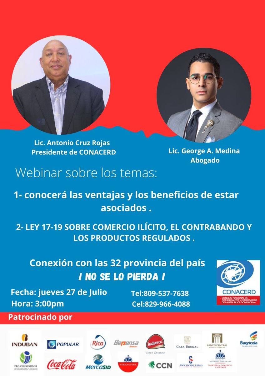 CONACERD's tweet photo. Te invitamos a participar en nuestro próximo webinar este jueves 27 de julio a las 3:00 pm.
El taller será realizado vía Zoom. Si deseas más información escríbenos a nuestro WhatsApp 829-966-4088.
#Webinar #Conacerd #Folice #TallerVirtual #Mipymes #Ventajas #Beneficios https://t.co/K4bRRkl95G