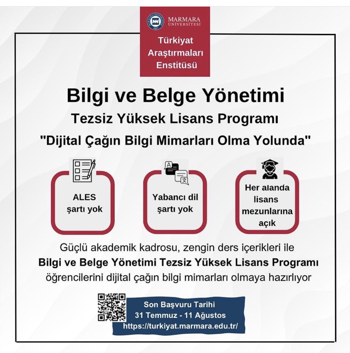 Marmara Üniversitesi, Bilgi ve Belge Yönetimi Tezsiz Yüksek Lisans Programı için başvuru tarihi ➡️ 31 Temmuz - 11 Ağustos 2023