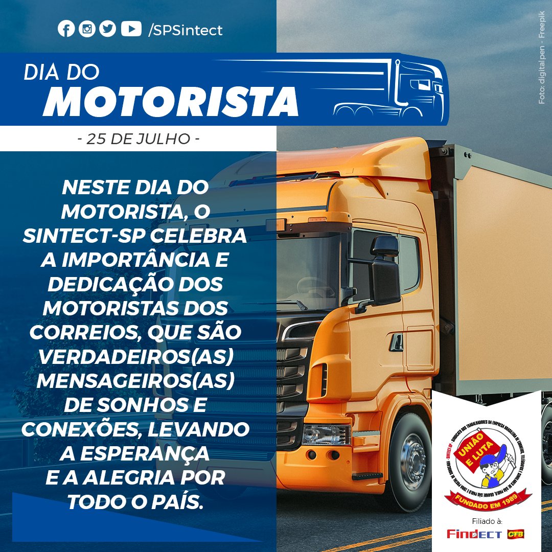 SPSintect's tweet photo. DIA DO MOTORISTA | SINTECT-SP celebra o Dia do Motorista: Transportando sonhos e conexões por todo o país

Saiba mais: https://t.co/vUFYJ9MVmI

#SintectSP #Correios #DiaDoMotorista https://t.co/ApRA02DupT