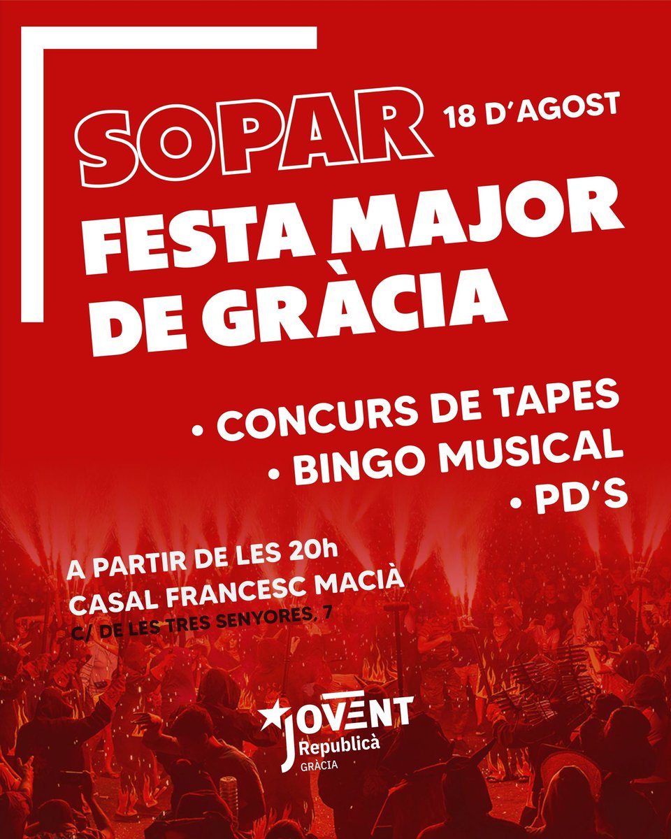 JoventGracia's tweet photo. Torna el sopar de #FMGracia23! 🥳

Enguany amb:
👨‍🍳Concurs de tapes
🎼Bingo musical
🎧Punxa-discos

Vols venir❓Apunta't a https://t.co/4SD1OfwOhL

📍 C/ Tres Senyores 7
📅 18 d'agost
⌚️ 20:00

Aquestes festes de Gràcia no et quedis a casa i vine a passar una estona amb nosaltres! https://t.co/Q1QZ63e6hp